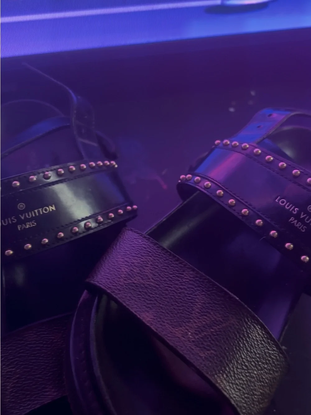 Louis Vuitton Black Leather Studded Slide Sandals